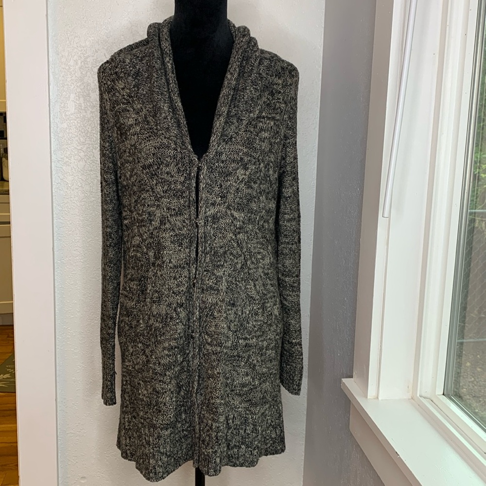 Hinge Cozy Marled Longline Boucle Knit Cardigan Sweater Gray Black Pockets Small